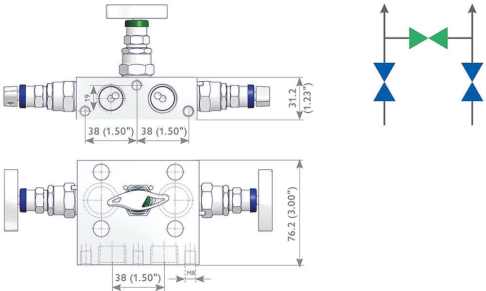 3-fach Ventilblöcke Zeichnung (Anordnung) 1